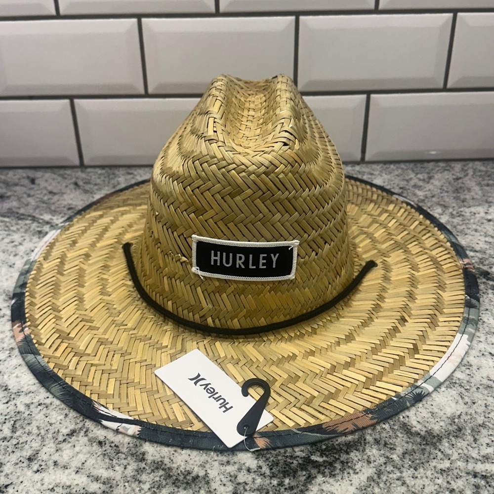 Hurley Mens OS Straw Lifeguard Hat Tan Tropical Palm Print Wide Brim Surf Beach